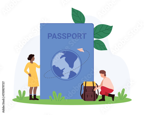 Passport for identity, legal emigration and tourism, security of international travel. Tiny people prepare for trip with backpack and big blue passport with globe on cover cartoon vector illustration