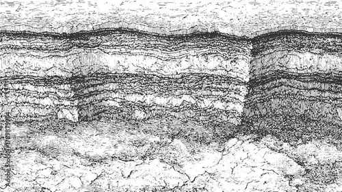 Black and white cross section of geological strata layers and rough textured ground geology