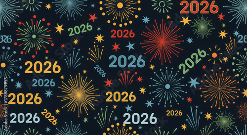 A bright vector illustration of a new year 2026 celebration fireworks pattern against a night sky background with star and flower shapes