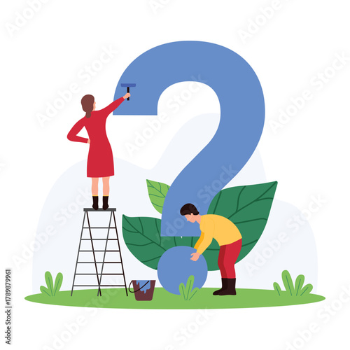 Online search for answer to question, solution and advices to problem, interrogation and FAQ. Tiny people paint big question mark blue, think about idea and information cartoon vector illustration