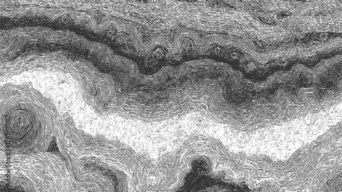 Black and white abstract swirling lines texture with circular patterns and wavy contours background