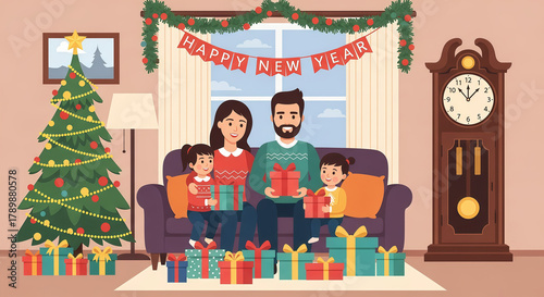 Happy family with children having a party on the new illustration at home for a celebration