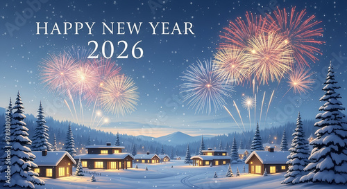Colorful new year celebration card with snow and bright star fireworks illuminating the night sky above a city