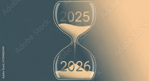 time from 2025 to 2026 concept featuring an hourglass with passing sand, a classic symbol of business deadlines and countdown measurement