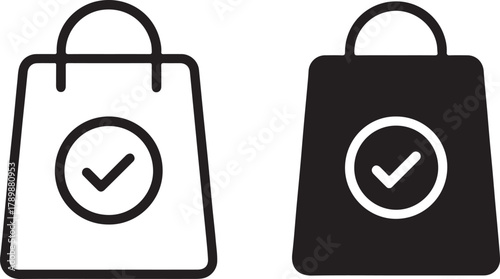 Shopping bag with checkmark icon, signifying successful purchase or order completion. e-commerce success, add to cart confirmation, delivery symbol. isolated on white background, Vector, illustration