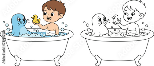 Cute Cartoon Boy and Seal Bathtime Fun with Rubber Duck