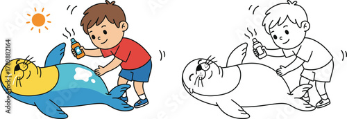 Cute Cartoon Boy Applying Sunscreen to Seal at the Beach
