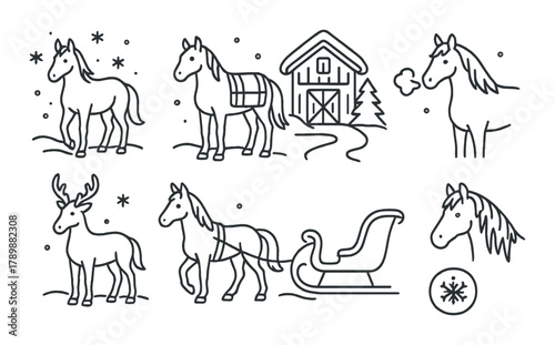 Outline of horses and sleigh with winter barn background