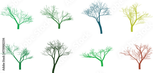 Collection of eight colorful trees in vector format