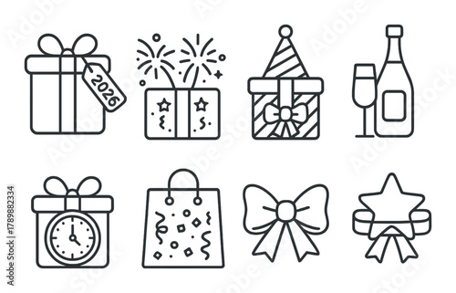 New year celebration icons: gift, fireworks, champagne, clock, confetti, ribbon, star
