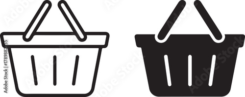 Outlined and solid shopping basket icons representing e-commerce, online retail, digital consumer purchases, and website store functionality isolated on white background, Vector, illustration
