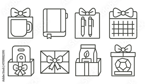 Minimalist gift icons set featuring office and home essentials on brown background