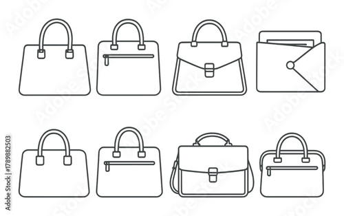 Set of outline icons for various handbag and briefcase styles