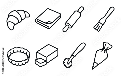 Baking tools silhouette set with rolling pin, pastry brush, and dough cutter