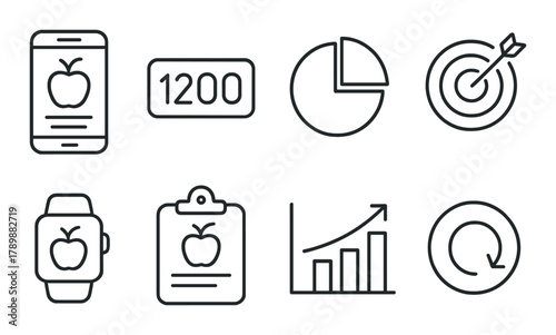 Health and fitness icons: smartphone app, calorie counter, charts, target, smartwatch, clipboard, graph, sync