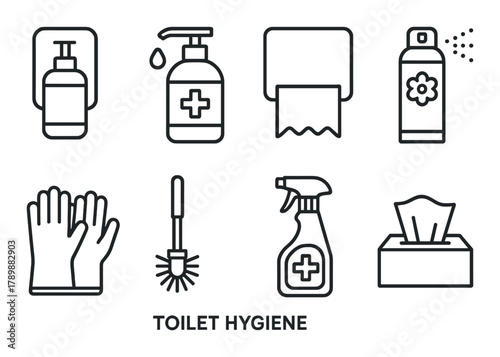 Bathroom hygiene essentials: soap, gloves, spray, wipes, tissue, brush icons