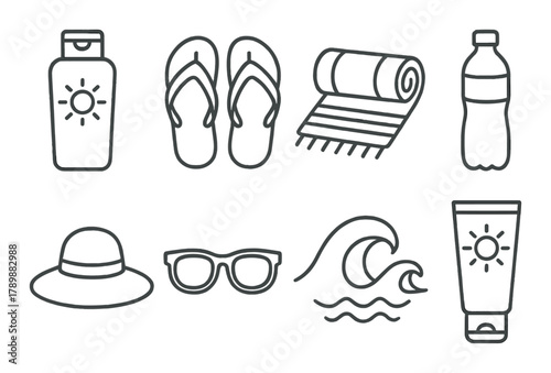 Summer essentials outline: flip-flops, sunscreen, hat, sunglasses, water bottle, towel, waves
