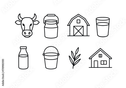 Farm and dairy icons set: cow, milk, barn, bottle, bucket, plant, house