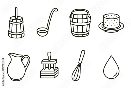 Traditional dairy tools and utensils line art on green background