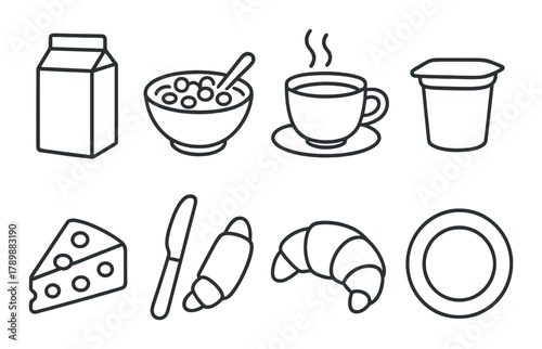 Outline illustrations of breakfast foods and beverages on dark background
