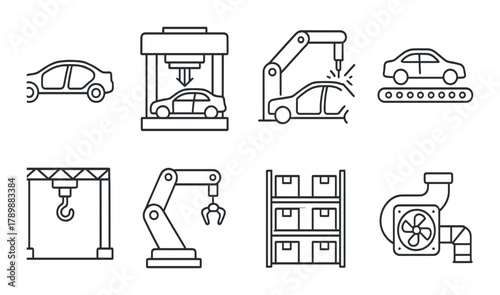 Automotive manufacturing icons: automation, robotics, and assembly line graphics
