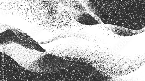 Black and white abstract grainy texture with undulating shapes and scattered particles background