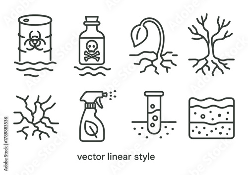 Environmental pollution icons: toxic waste, hazardous chemicals, soil contamination