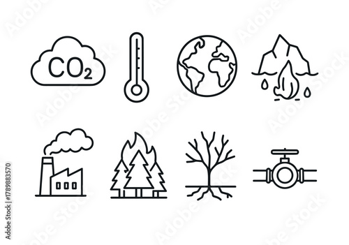 Climate change icons: co2, temperature, earth, melting ice, factory, forest fire, tree, pipeline
