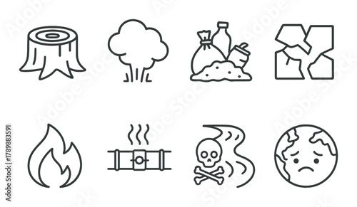 Environmental impact icons: pollution, deforestation, climate change, waste