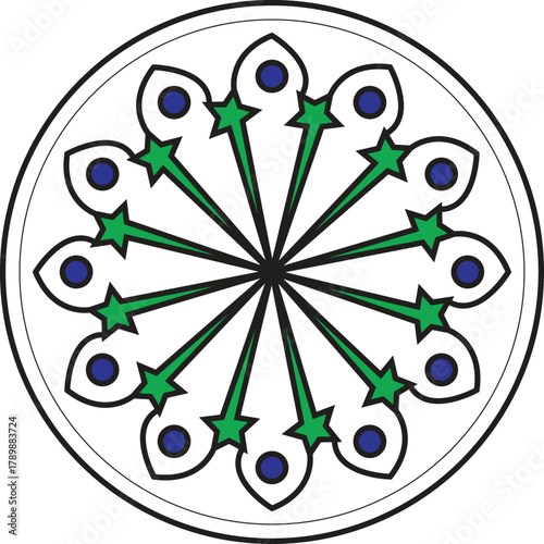 Illustration of ornamental rosette design with green star and blue dot