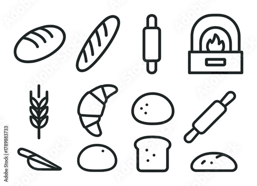 Outline icons of bread, pastry, and baking tools on olive background