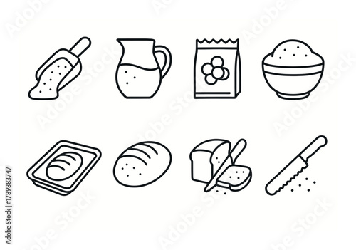 Bread baking ingredients and tools icons - flour, milk, dough, bread, knife