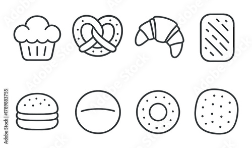 Monochrome icons of various bakery items on striped background