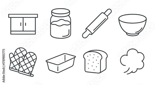 Kitchen baking icons set with jar, rolling pin, and bread