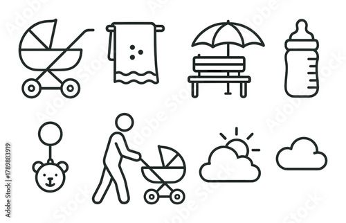 Baby and parenting essentials icons: stroller, bottle, crib, umbrella, sun