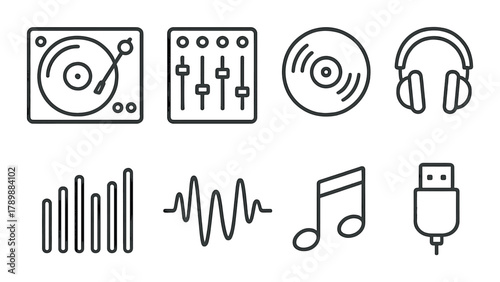 Set of music and audio icons featuring turntable, vinyl, headphones, musical note