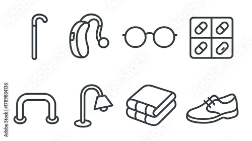 Senior living essentials: cane, hearing aid, glasses, pills, grab bar, lamp, blanket, shoe