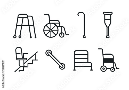 Mobility aids collection: walkers, wheelchairs, canes, crutches, and more icons