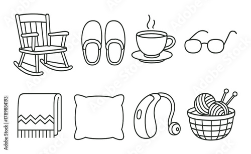 Cozy home essentials outline: rocking chair, slippers, coffee, glasses, blanket, pillow, hearing aid, knitting basket