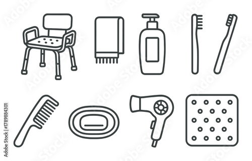 Bathroom essentials set: shower chair, soap, towel, comb, hair dryer, toothbrush