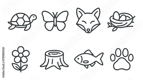 Nature icons set featuring animals and plants in minimalist design