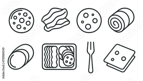 Assorted meat and cheese line icons on textured background