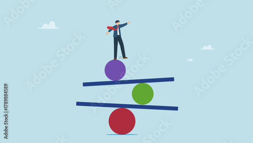 Confidence businessman balance himself on stable weigh metaphor of life balance. Work life balance, equilibrium or equality, concentration or stability, challenge or risk management.