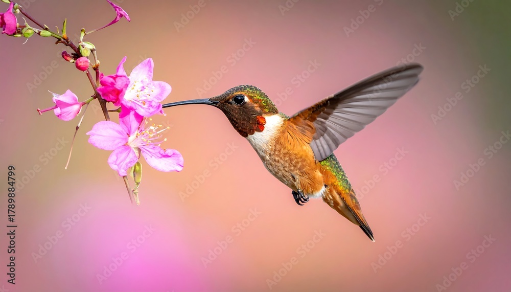 Fototapeta premium A hummingbird drinks nectar from vibrant pink flowers against a blurred, dreamy background