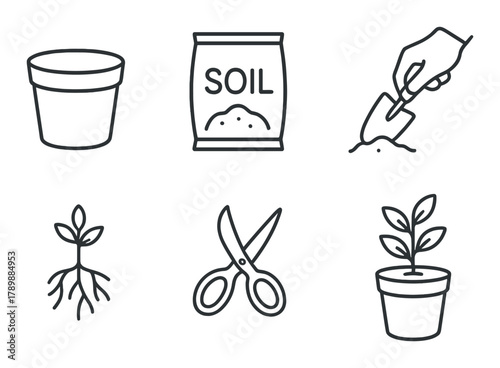 Gardening essentials: pots, soil, tools, and plant care icons