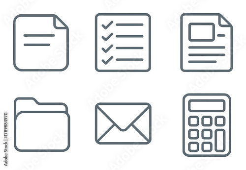 Technology icons: documents, checklist, message, calculator, folder, email