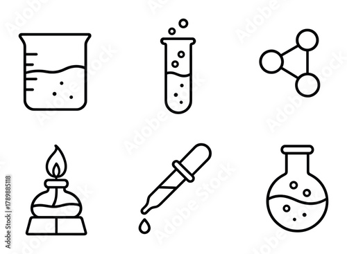 Black science icons featuring test tubes beaker bunsen burner molecule dropper on dark background