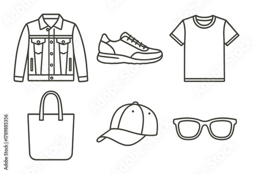 Minimalist fashion icons - jacket, sneakers, t-shirt, tote bag, cap, sunglasses