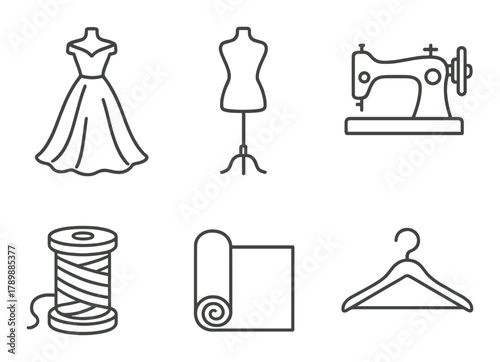 Sewing essentials: dress form, sewing machine, thread, fabric roll, and hanger icons