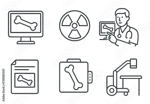 Medical equipment and diagnostic icons featuring x-ray and radiology symbols
